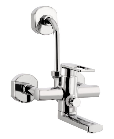Single lever wall mixer with bend pipe for overhead shower